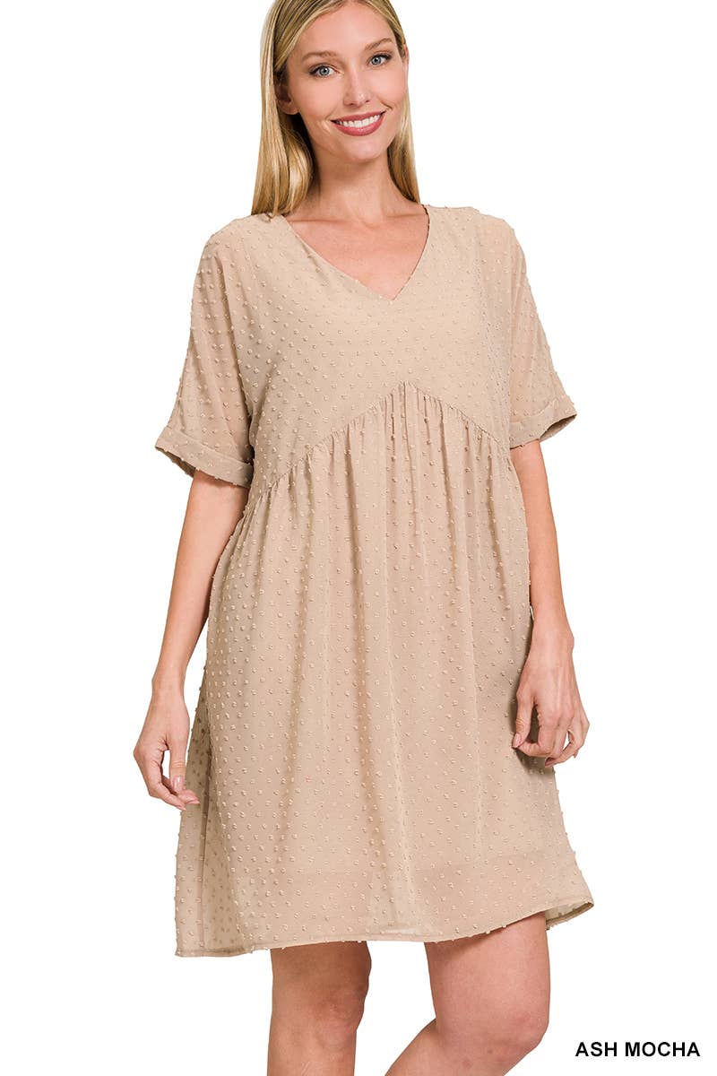 Swiss Dot Babydoll V Neck Dress