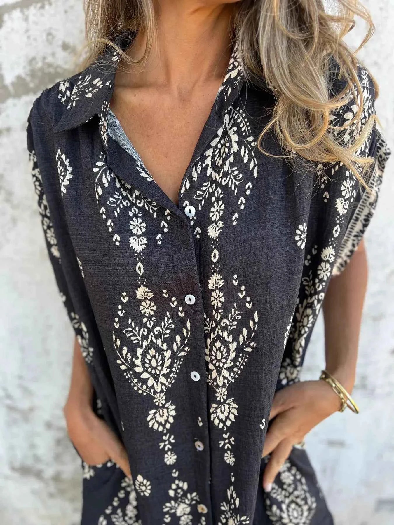 Full Size Printed Short Sleeve Button-Up Shirt Dress Plus Size