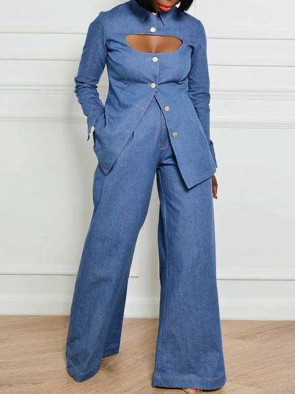 High-Waisted Jeans with Pockets and Lapel Blouse Sets