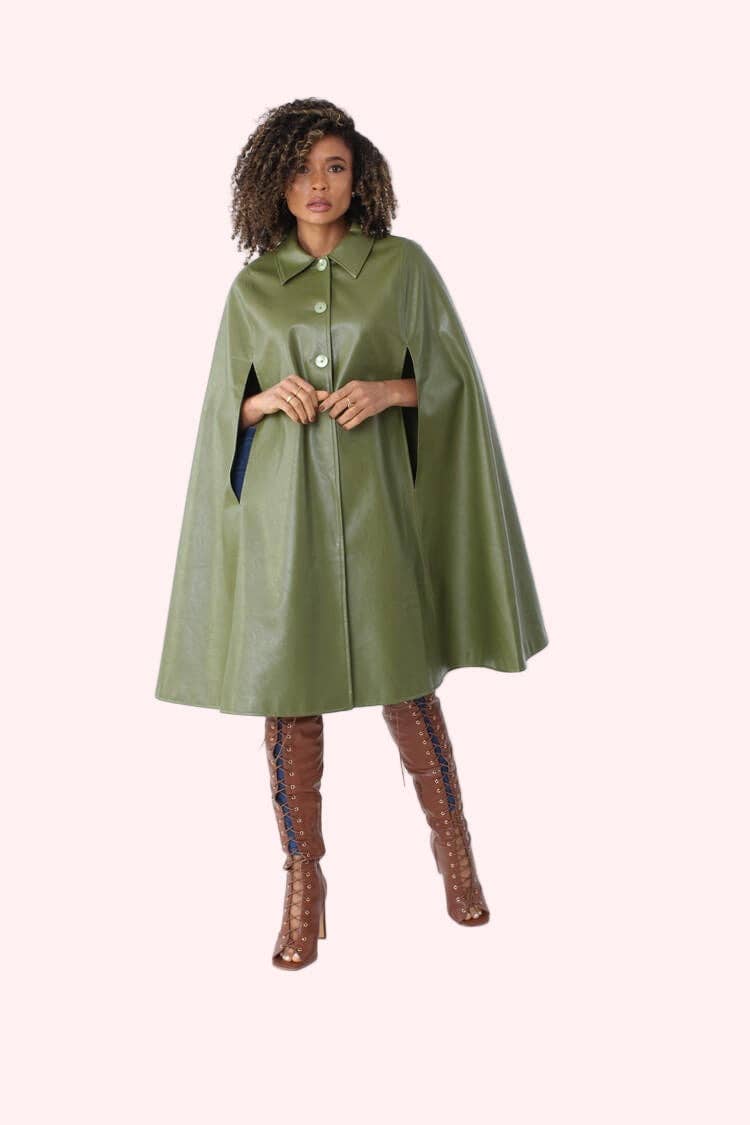 Woman wearing a green raincoat on a white background
