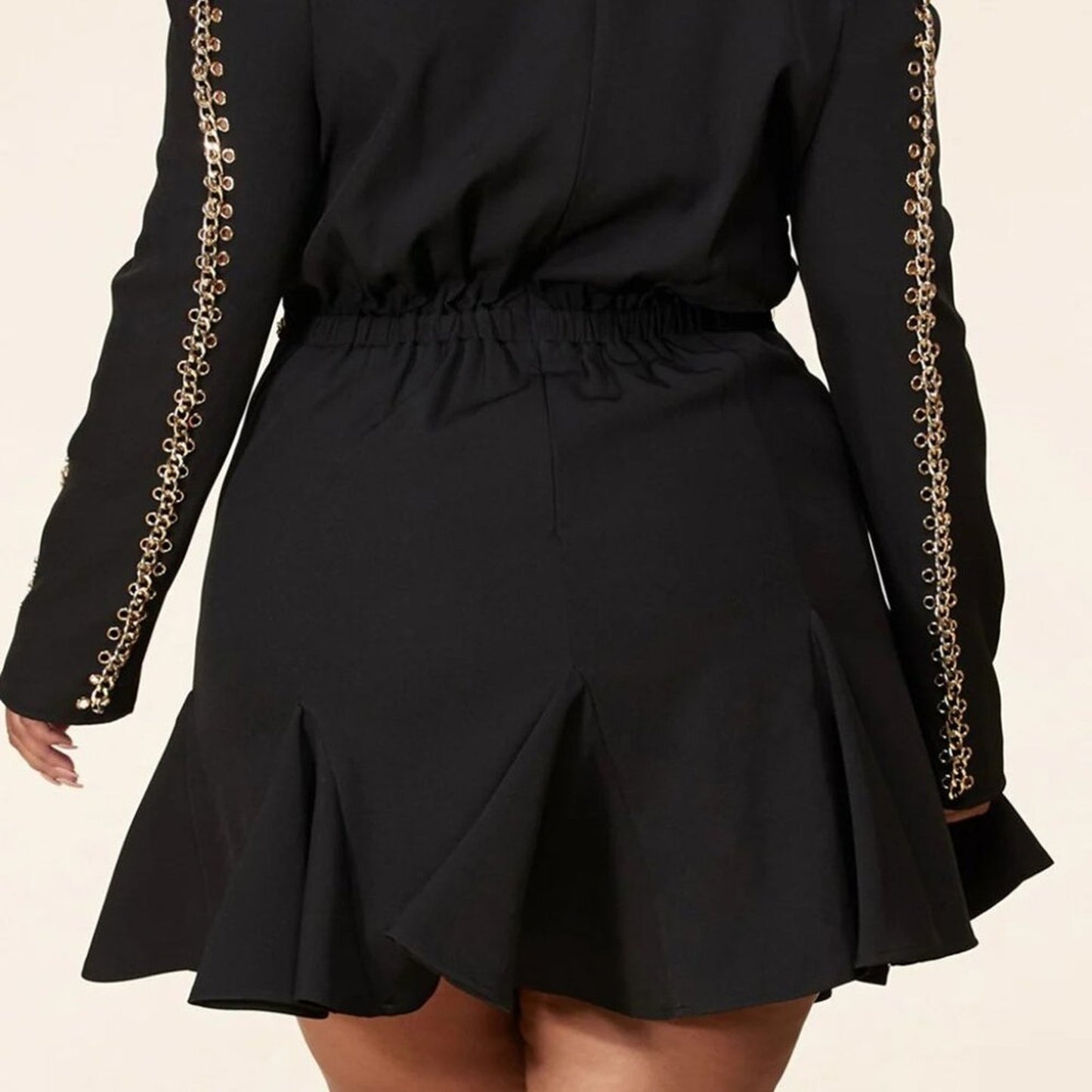 Embellished Sophisticated Black Balloon Dress Adorned with Golden Accents