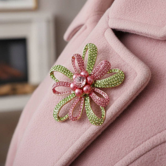 Brooch AKA Large Pink Green Stone Loop Pearl Pin
