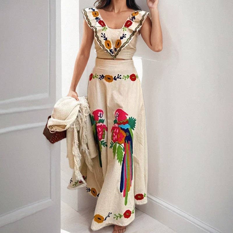 Sleeveless Floral Print Two-Piece Set - Ruffle Crop Top & Maxi Skirt