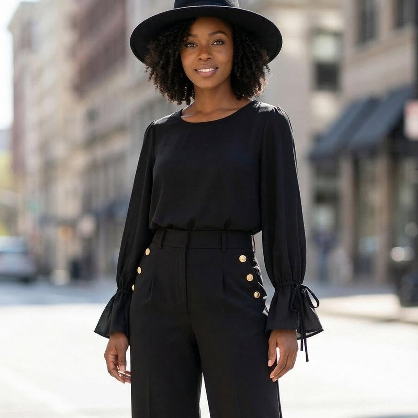 Elegant Black Bell Sleeve Blouse – Ruffle Cuff Tie Sleeve Top |Chic Work, Church