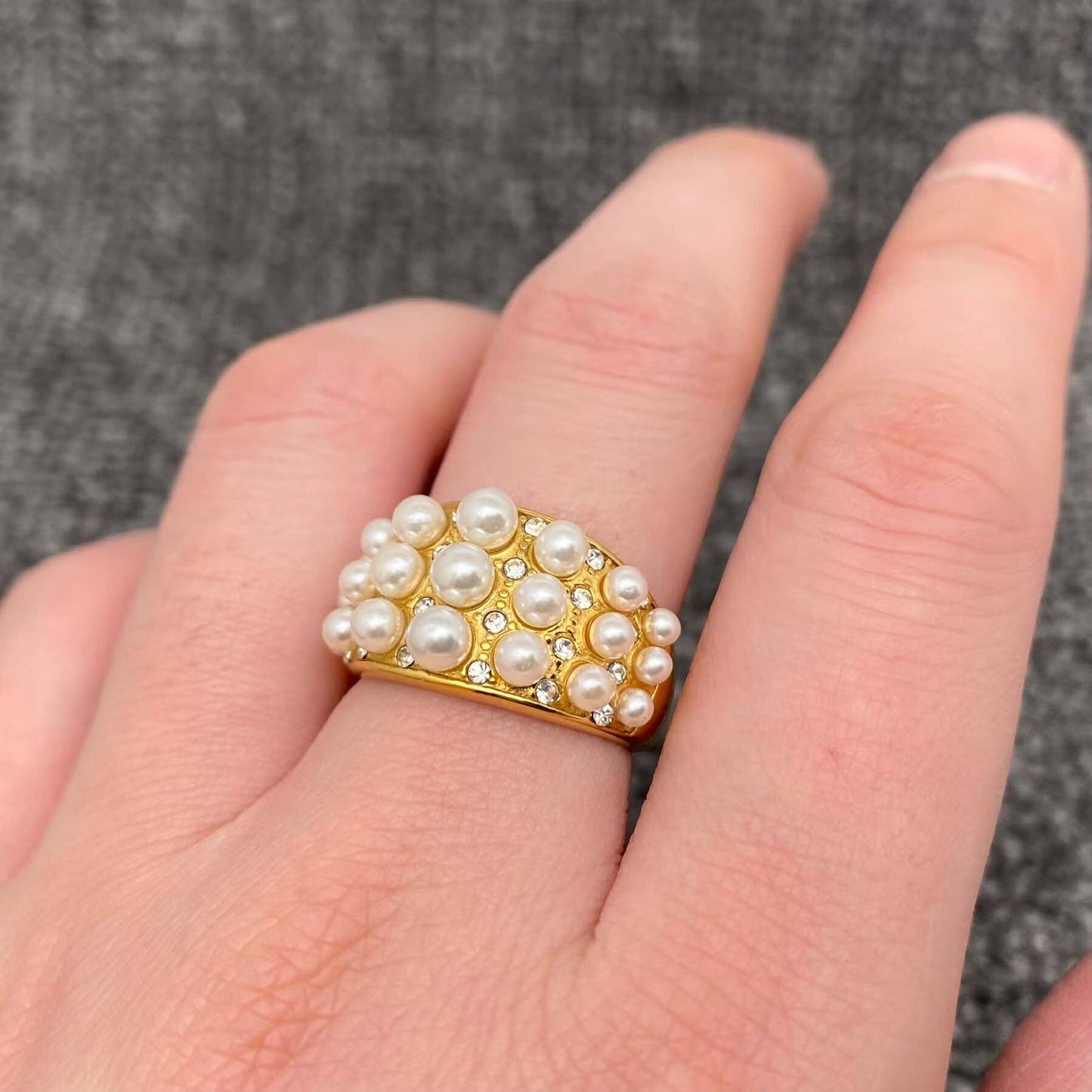 Inlay Pearls & CZ 18K Gold Plated Stainless Steel Ring