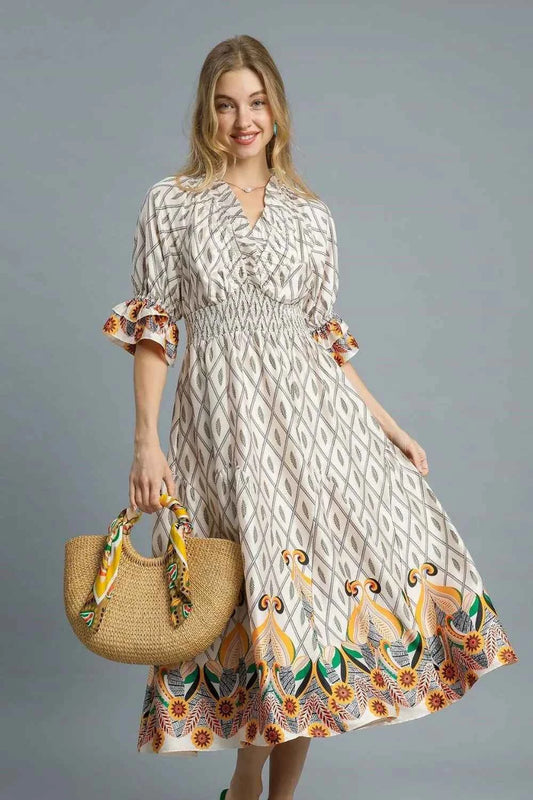 Umgee Printed Smocked Waist Flounce Sleeve Midi Dress