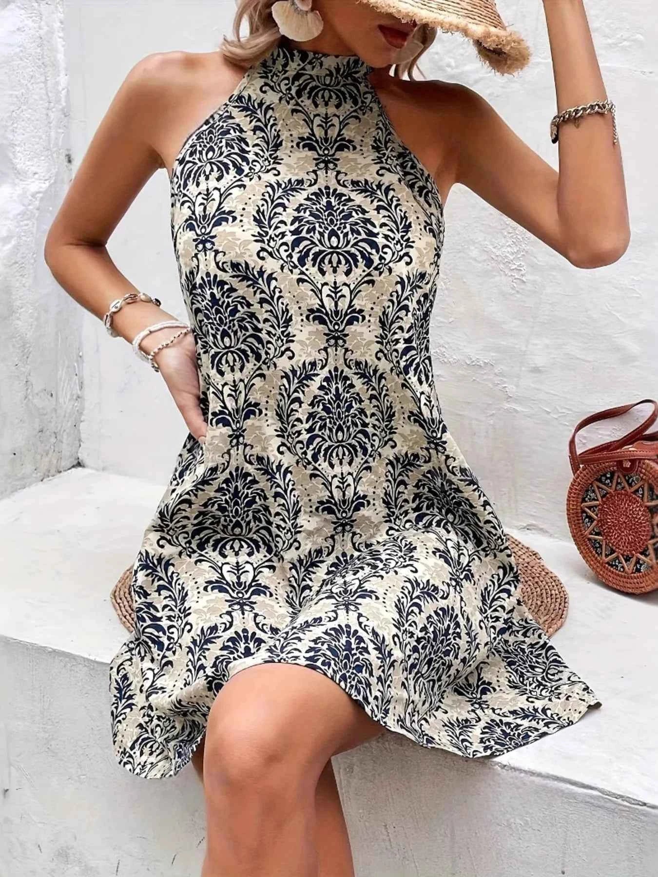 Halter Neck Printed Swing Dress
