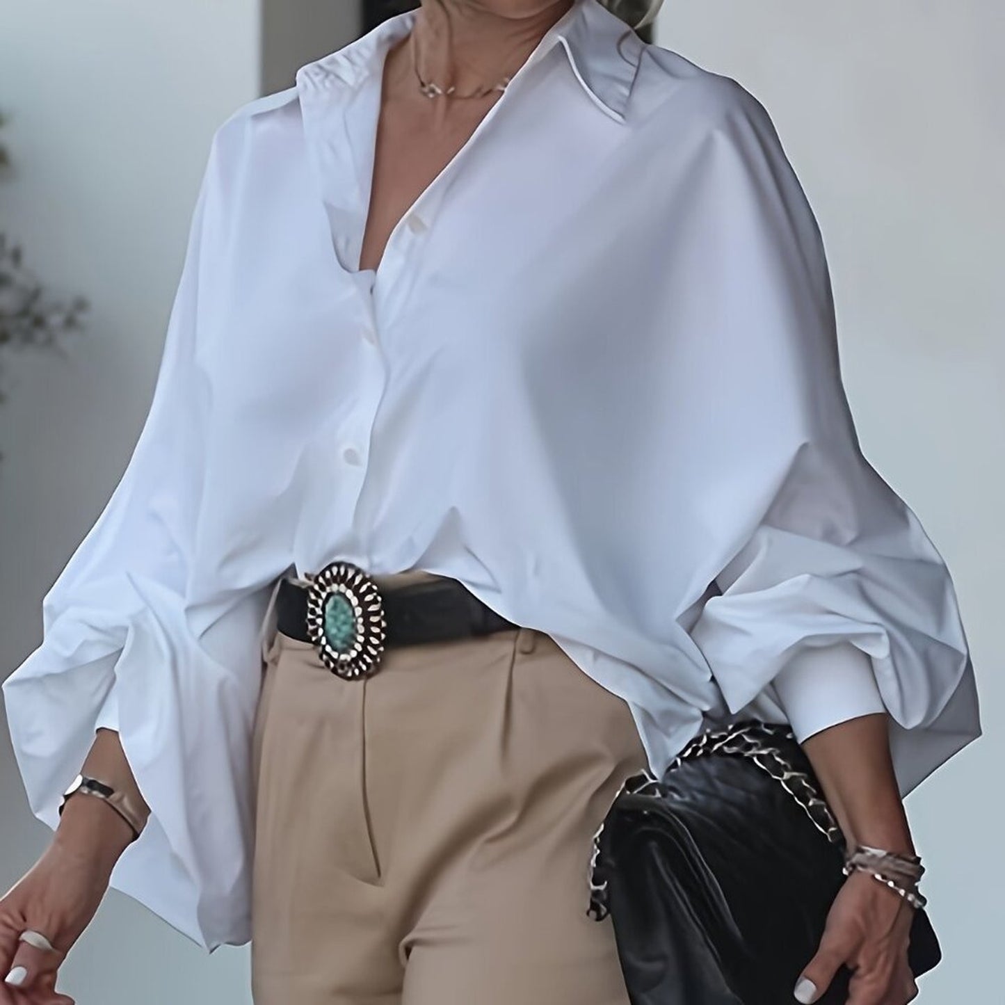 Plus Size White Oversized Button Down Shirt | Lantern Sleeve Elegant Blouse Top