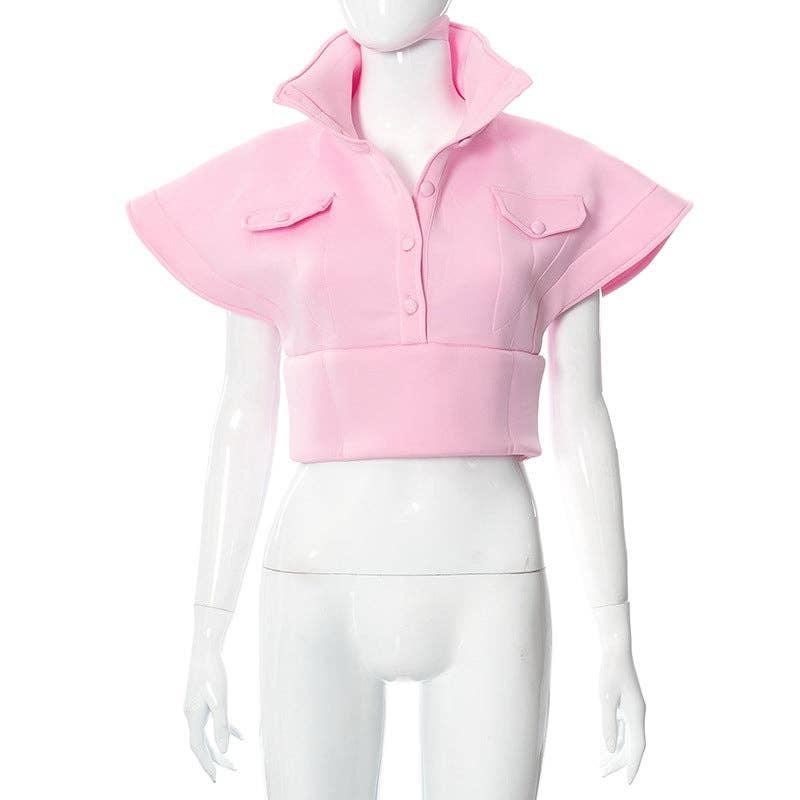 MB FASHION Cropped High Collar Button-Up Top 452R