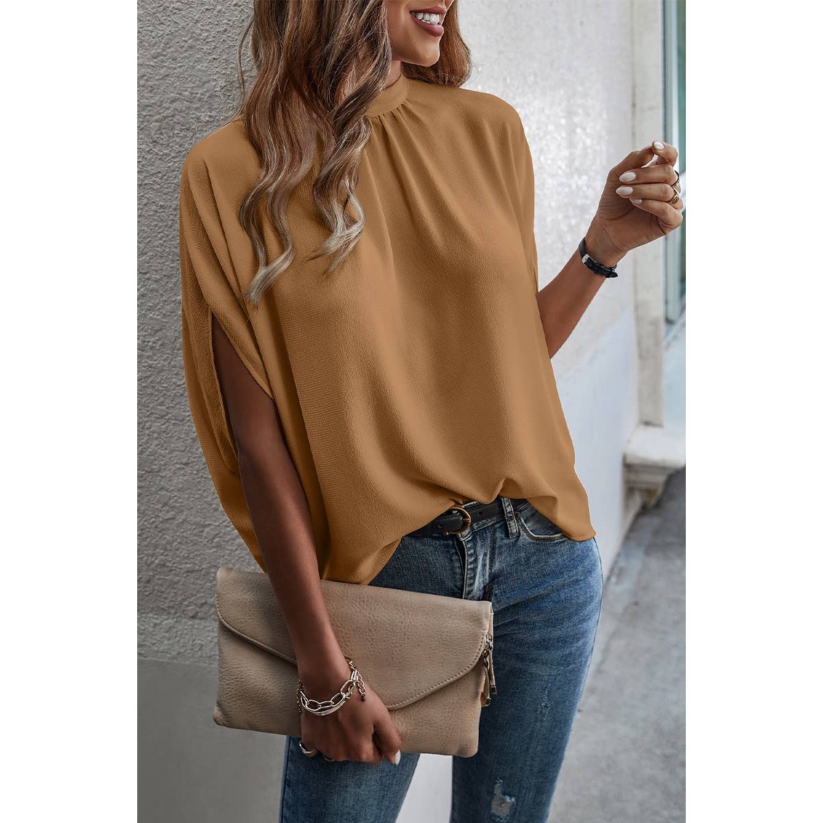 Solid Cape Short Sleeve Loose Top