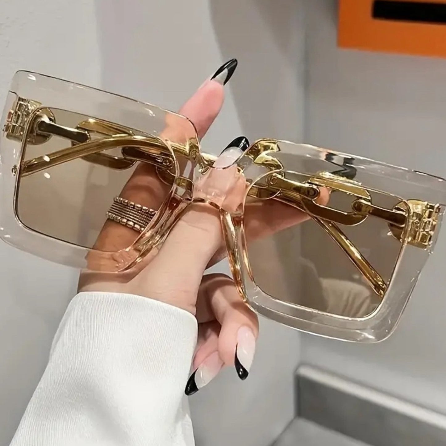 Luxury Gold Chain-Link Oversized Square Sunglasses – Clear Frame Shades