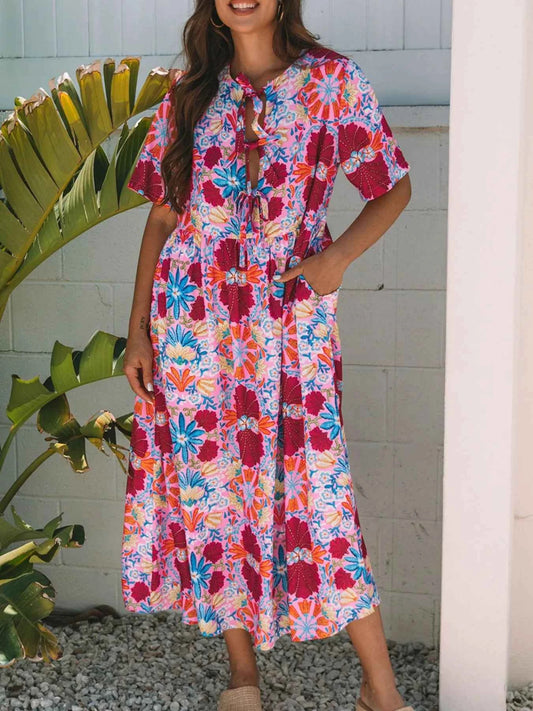 Floral Print Tie Front Midi Dress