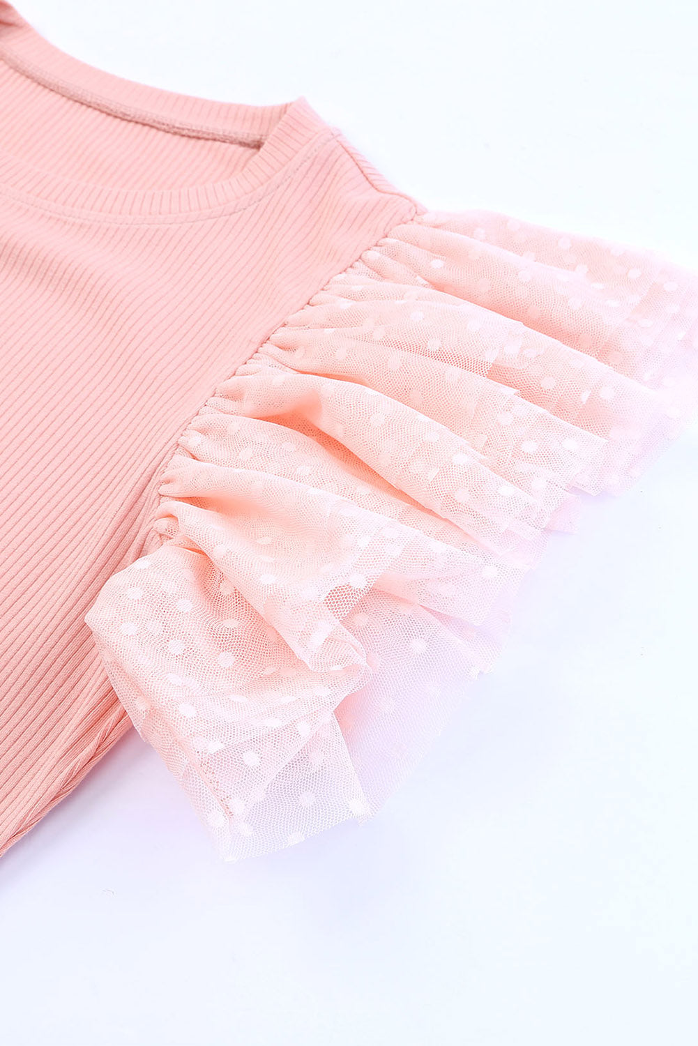 Pink Casual Dotty Layered Ruffle Ribbed Knit Top