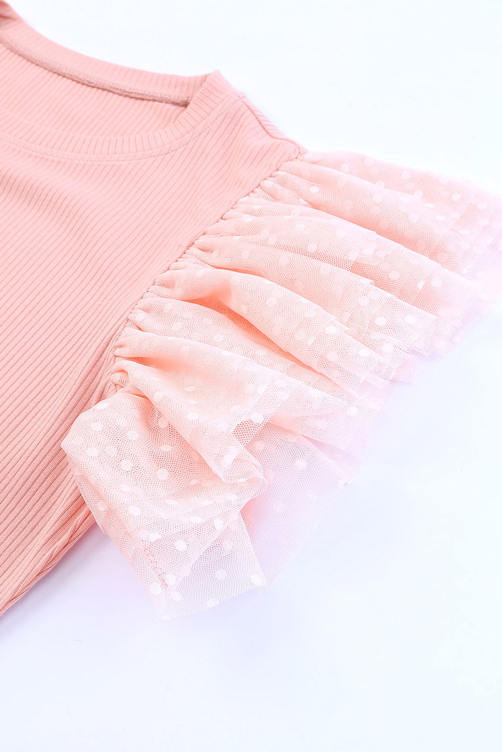 Pink Casual Dotty Layered Ruffle Ribbed Knit Top
