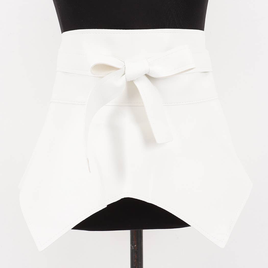 White apron with a black waistband and a large bow on a white background