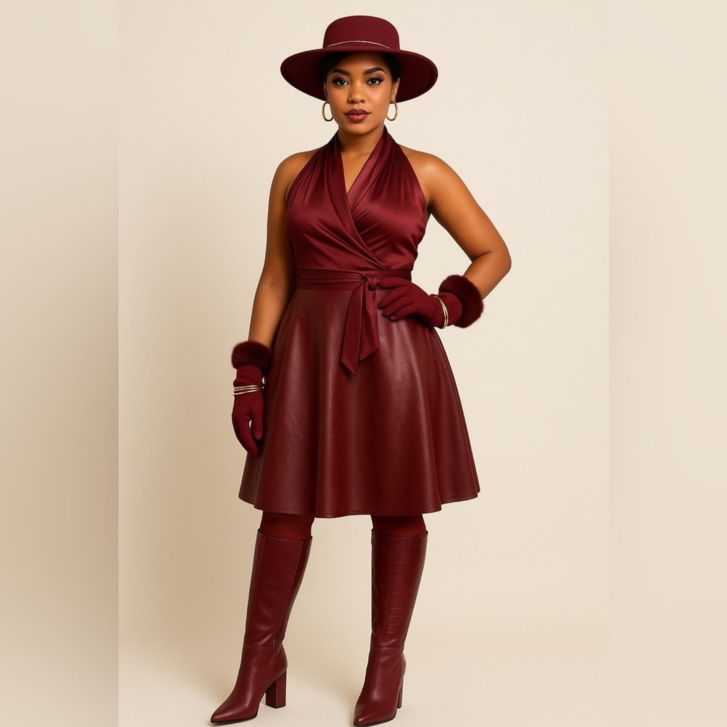 Burgundy Wide-Brim Felt Hat with Gold Accent Band