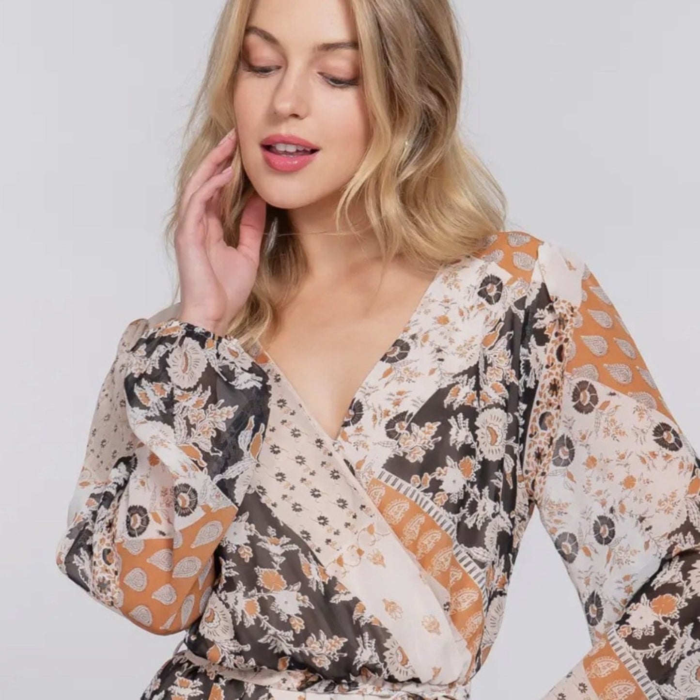 Boho Patchwork Wrap Romper – Cream, Mocha & Burnt Orange Tie Waist (Size L)