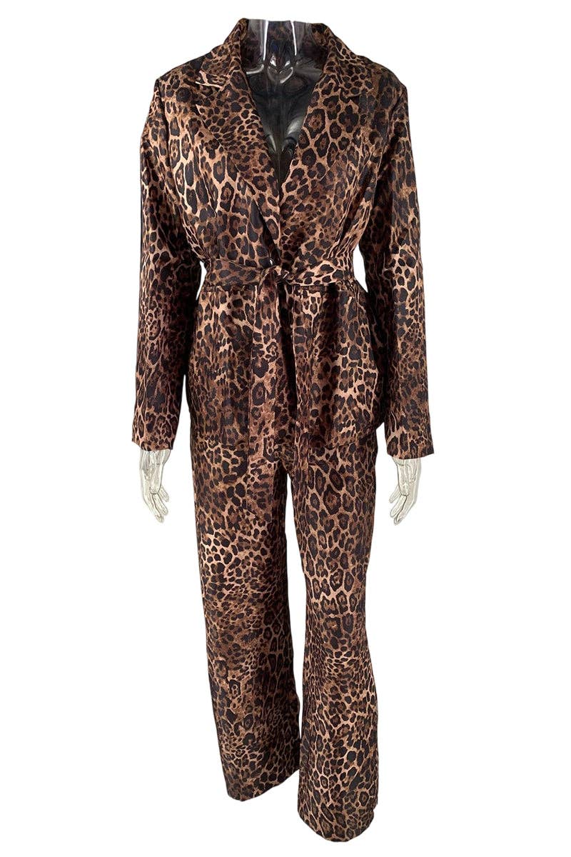 Leopard print jumpsuit on a mannequin against a white background
