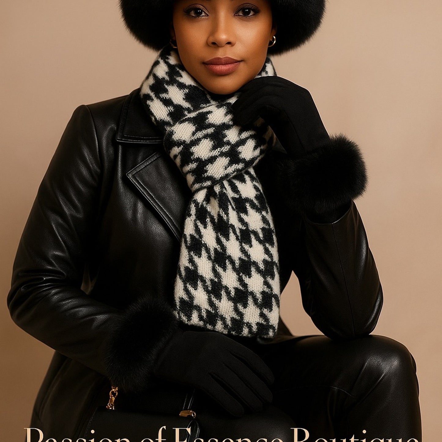 Woman wearing a black leather jacket, houndstooth scarf, and fur-trimmed gloves against a beige background.