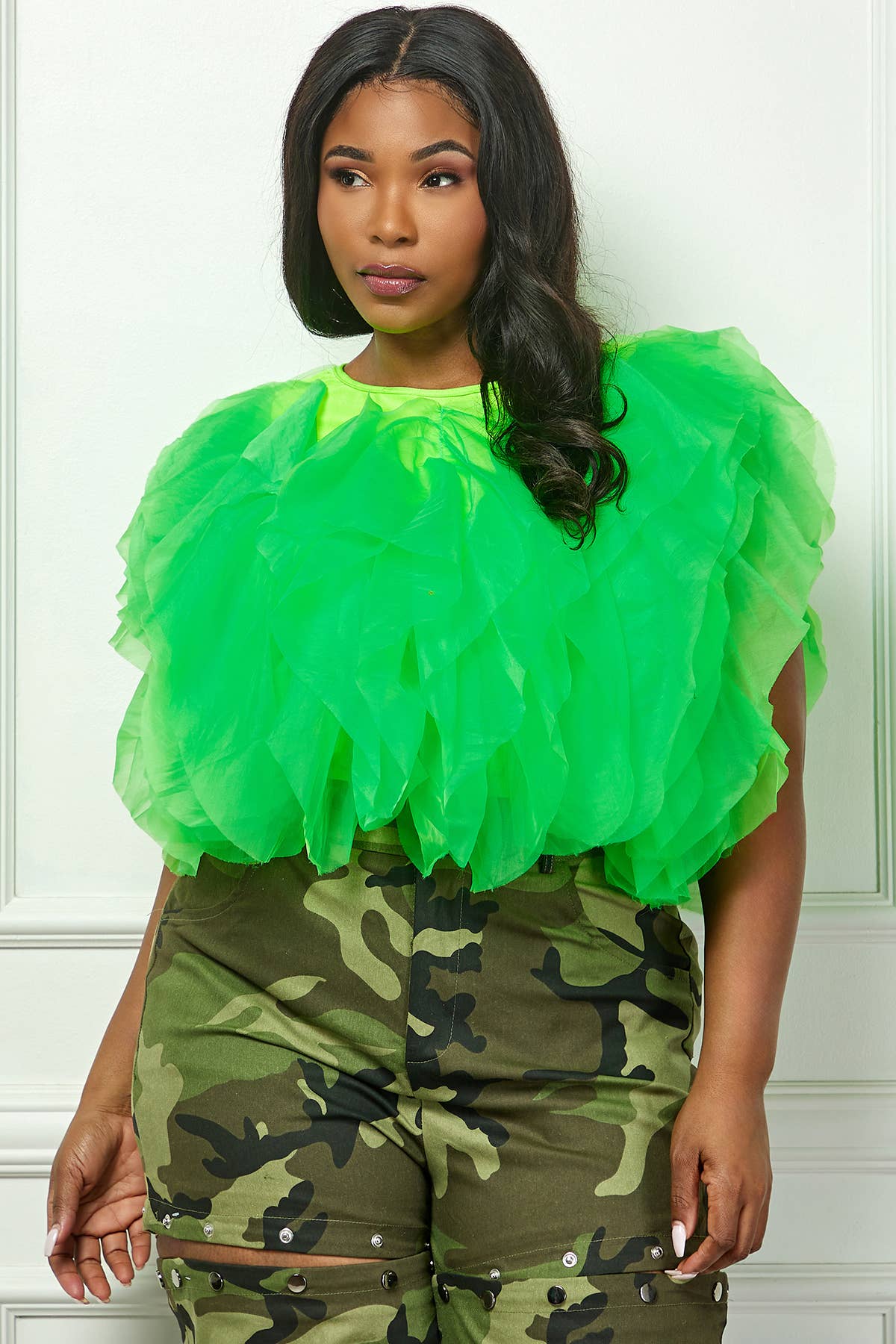 Plus Size Sleeveless Ruffle Tulle Crop Top - Multi-Color