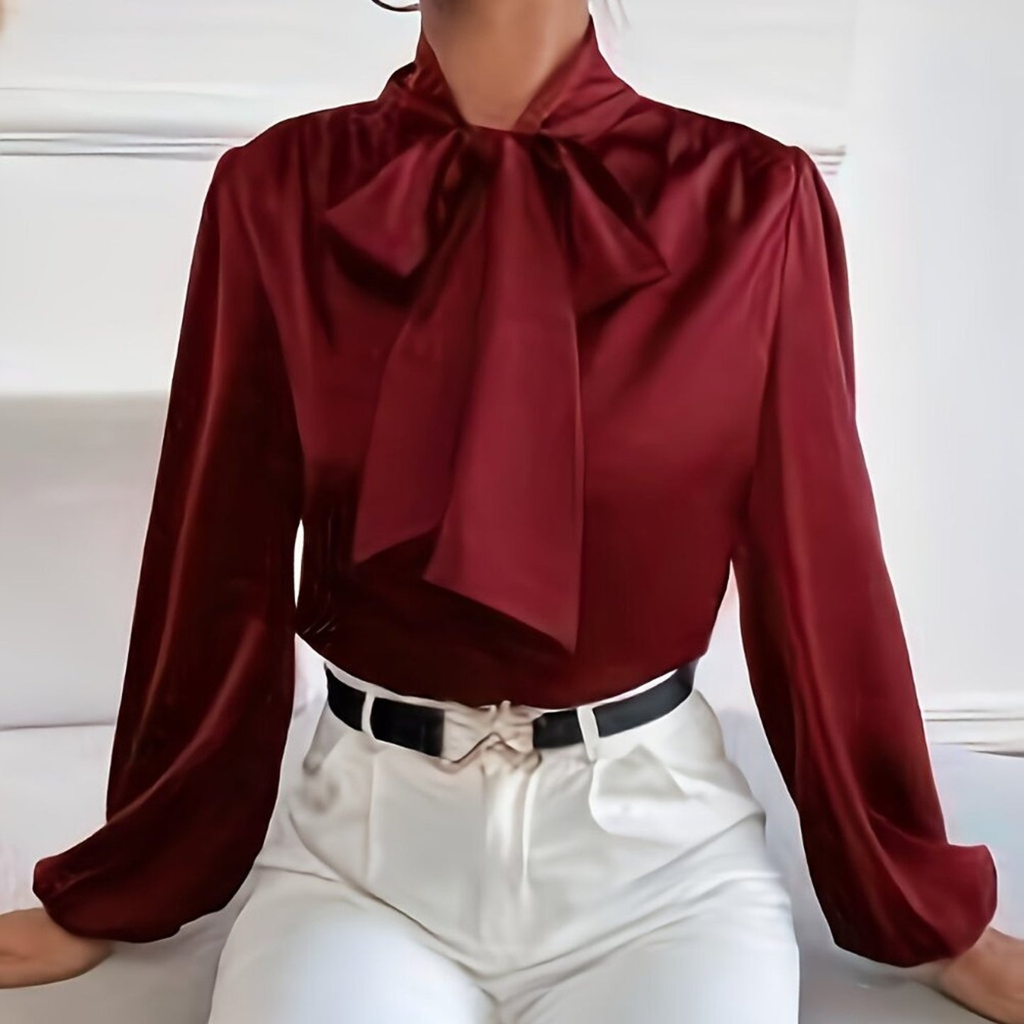 Tie Neck Blouse, Elegant Long Sleeve Satin Blouse