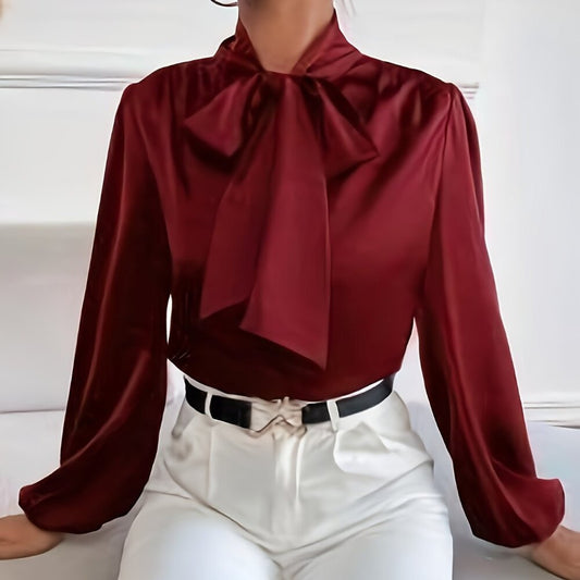 Tie Neck Blouse, Elegant Long Sleeve Satin Blouse