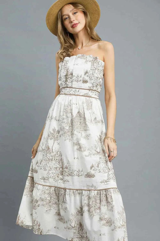 Umgee Printed Tiered Tube Midi Dress