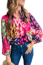 Load image into Gallery viewer, Rose Leopard Color Block Puff Sleeve Crinkle Blouse
