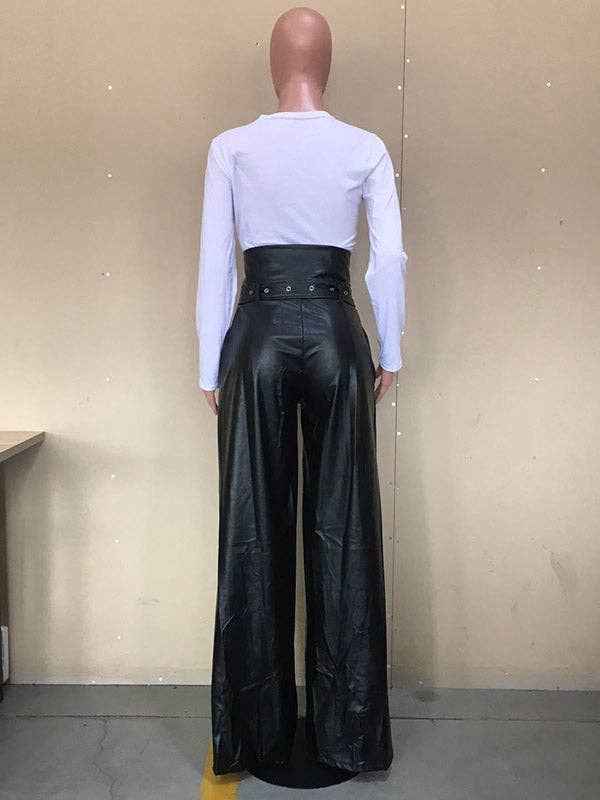 High Waisted Wide Leg Belted Solid Color Zipper Pants Trousers