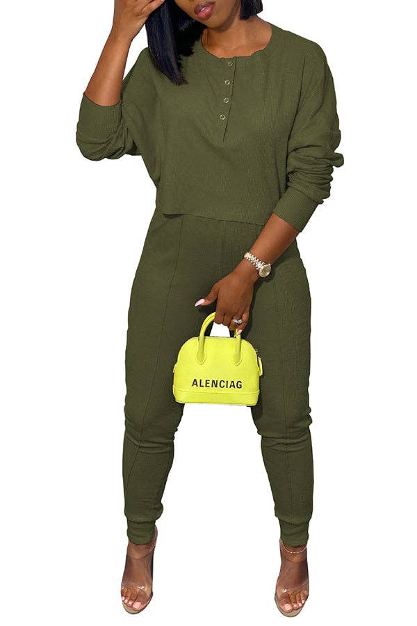 MB FASHION Casual Ribbed Loungewear Set with Button 10113