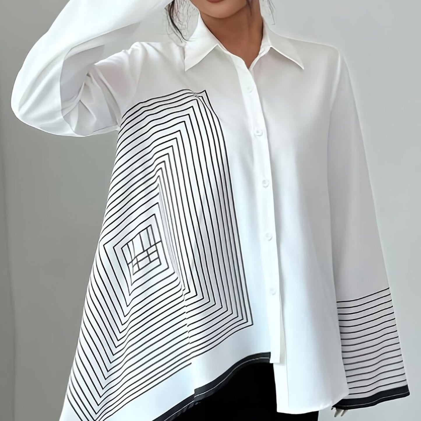 Plus Size White Geometric Asymmetrical Button Blouse | Elegant Statement Shirt T