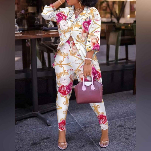 Print Lantern Sleeve Top High Waist Pants Set