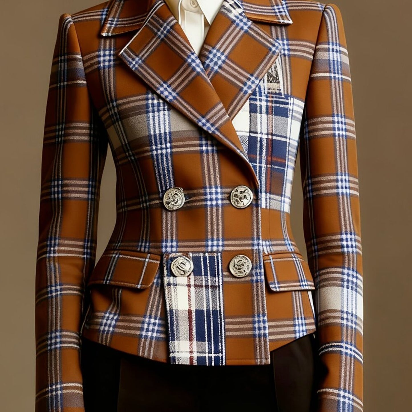 Plus Plaid Double-Breasted Blazer Coat | Lapel, Gold Buttons