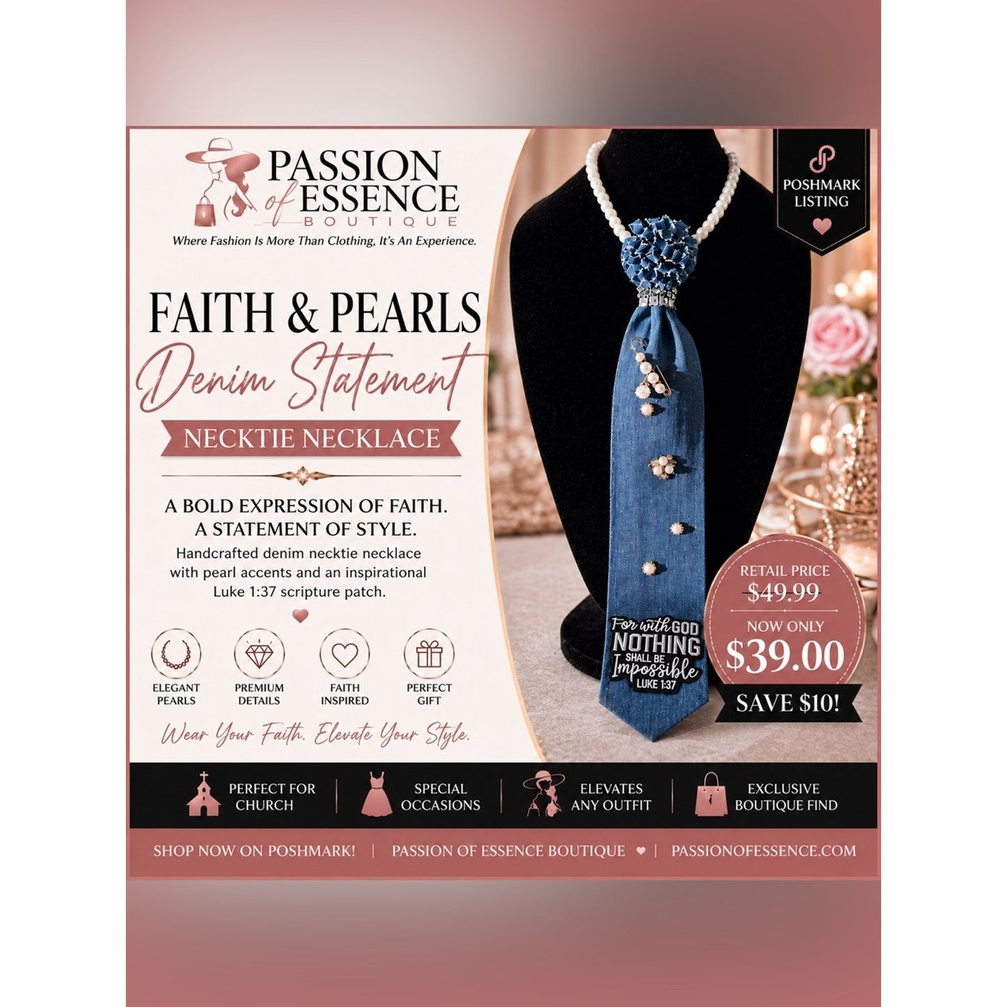 Faith & Pearls Denim Statement Necktie Necklace – Luke 1:37 Inspiration Piece