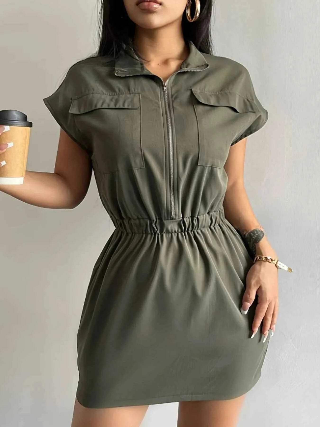 Zipper Front Short Sleeve Mini Dress