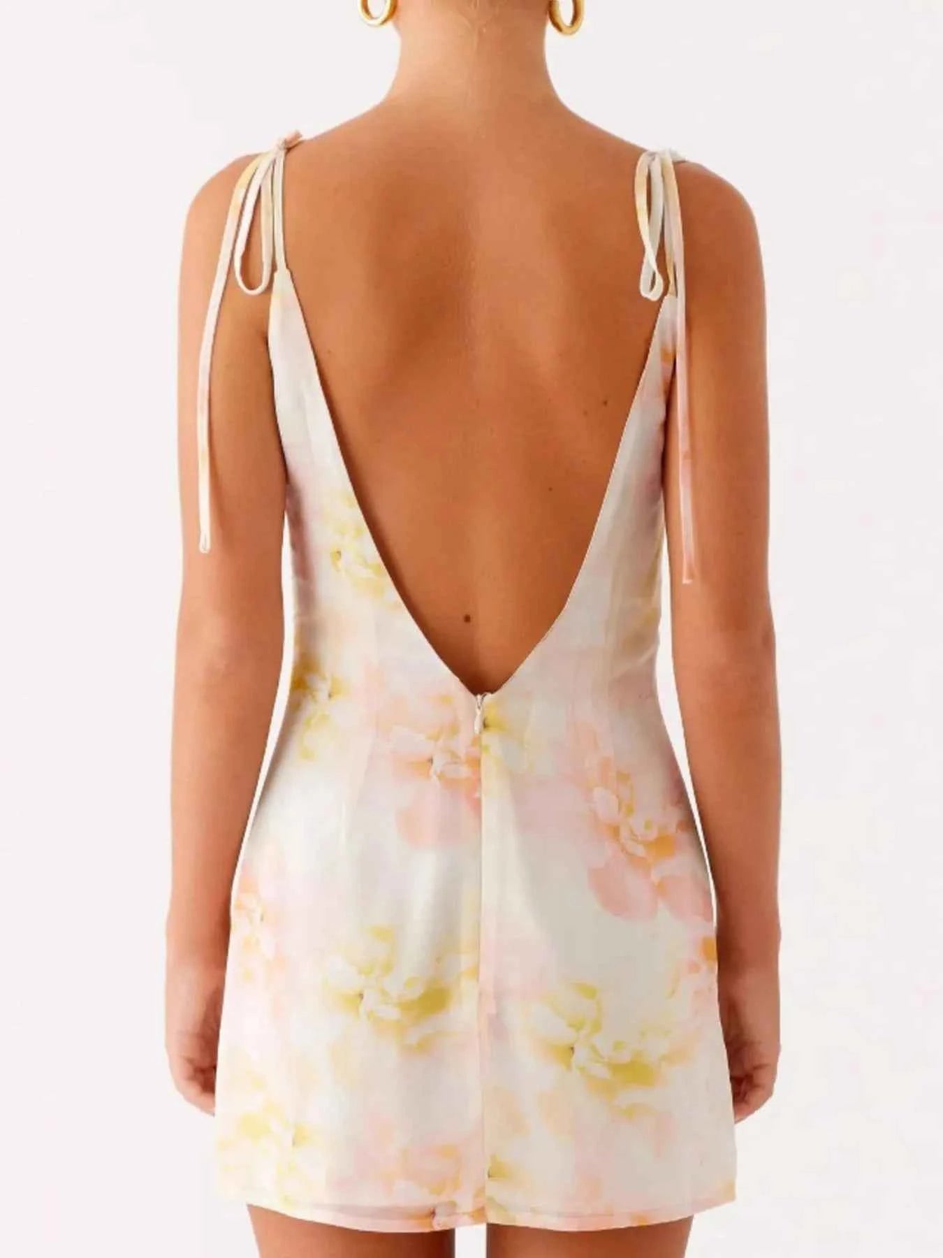 Printed Deep V-Neck Tie Shoulder Mini Dress