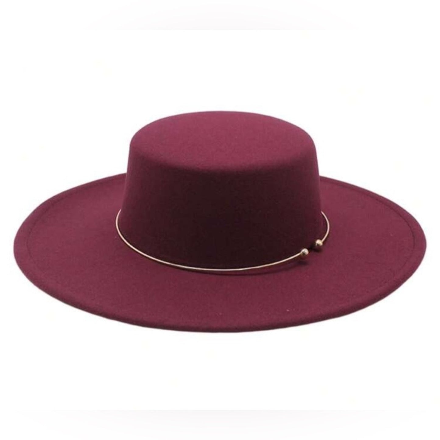 Burgundy Wide-Brim Felt Hat with Gold Accent Band
