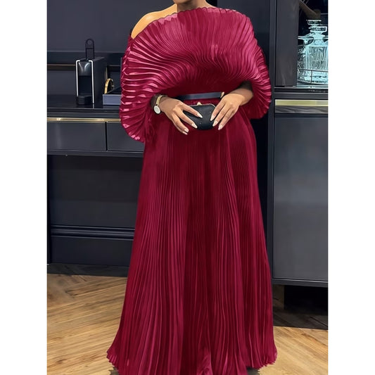 Burgundy Pleated Batwing Sleeve Maxi Dress | Elegant Off-Shoulder Statement Gown