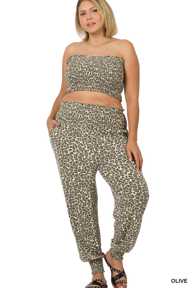 PLUS SIZE LEOPARD SMOCKED TUBE TOP & LOUNGE JOGGER PANTS