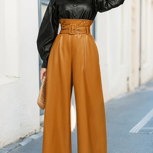 High Waisted Wide Leg Belted Solid Color Faux Leather  Zipper Pants Trousers
