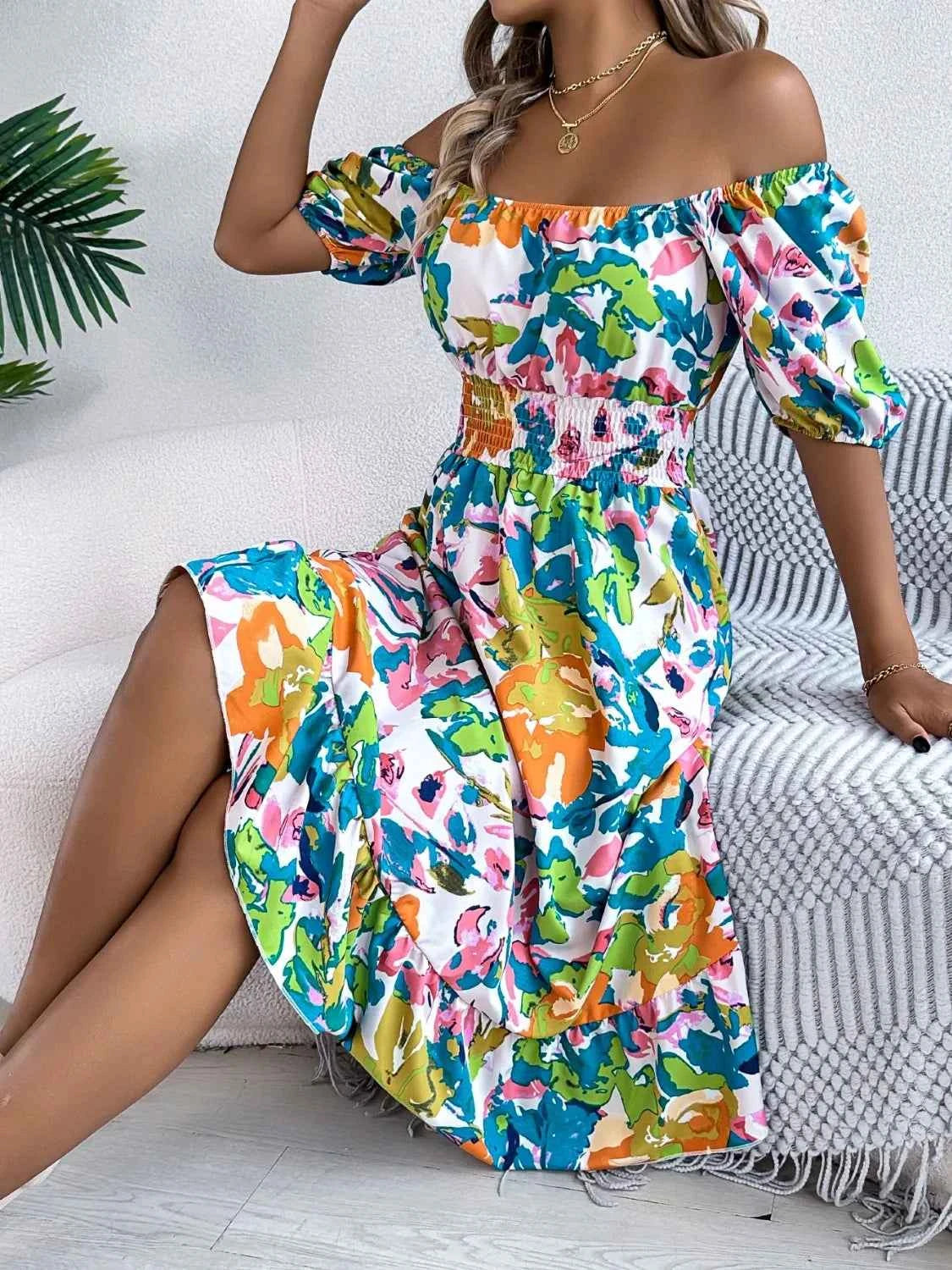 Ruffled Hem Smocked Floral Short Sleeve Midi Dress