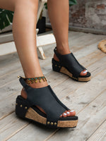 Load image into Gallery viewer, Brown Vintage Leather Stitching Studded Wedge Sandals
