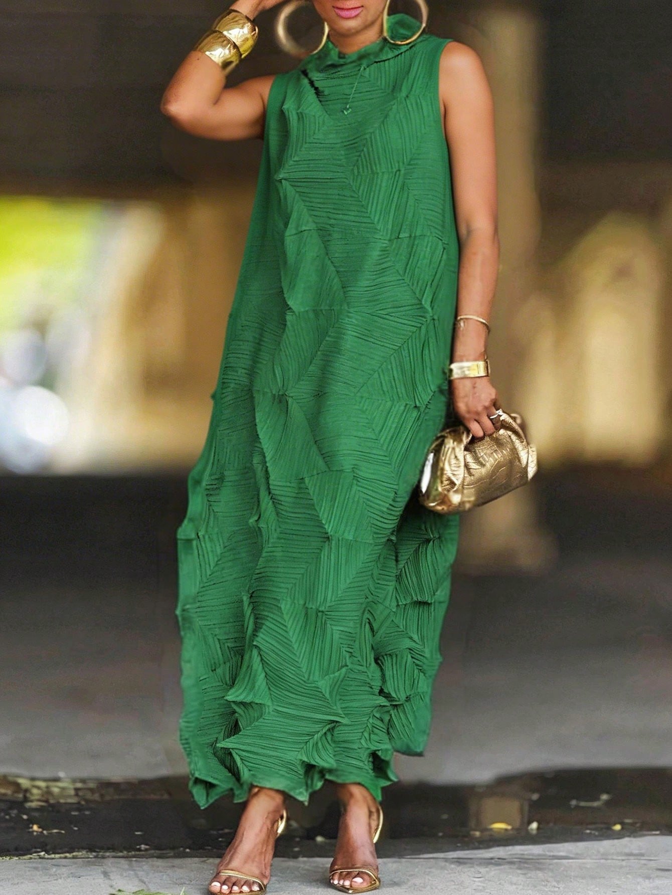 Green Textured Pleated Sleeveless Maxi Dress | High Neck Statement Dress