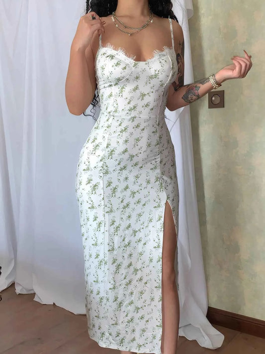 Split Printed Sweetheart Neck Cami Dress