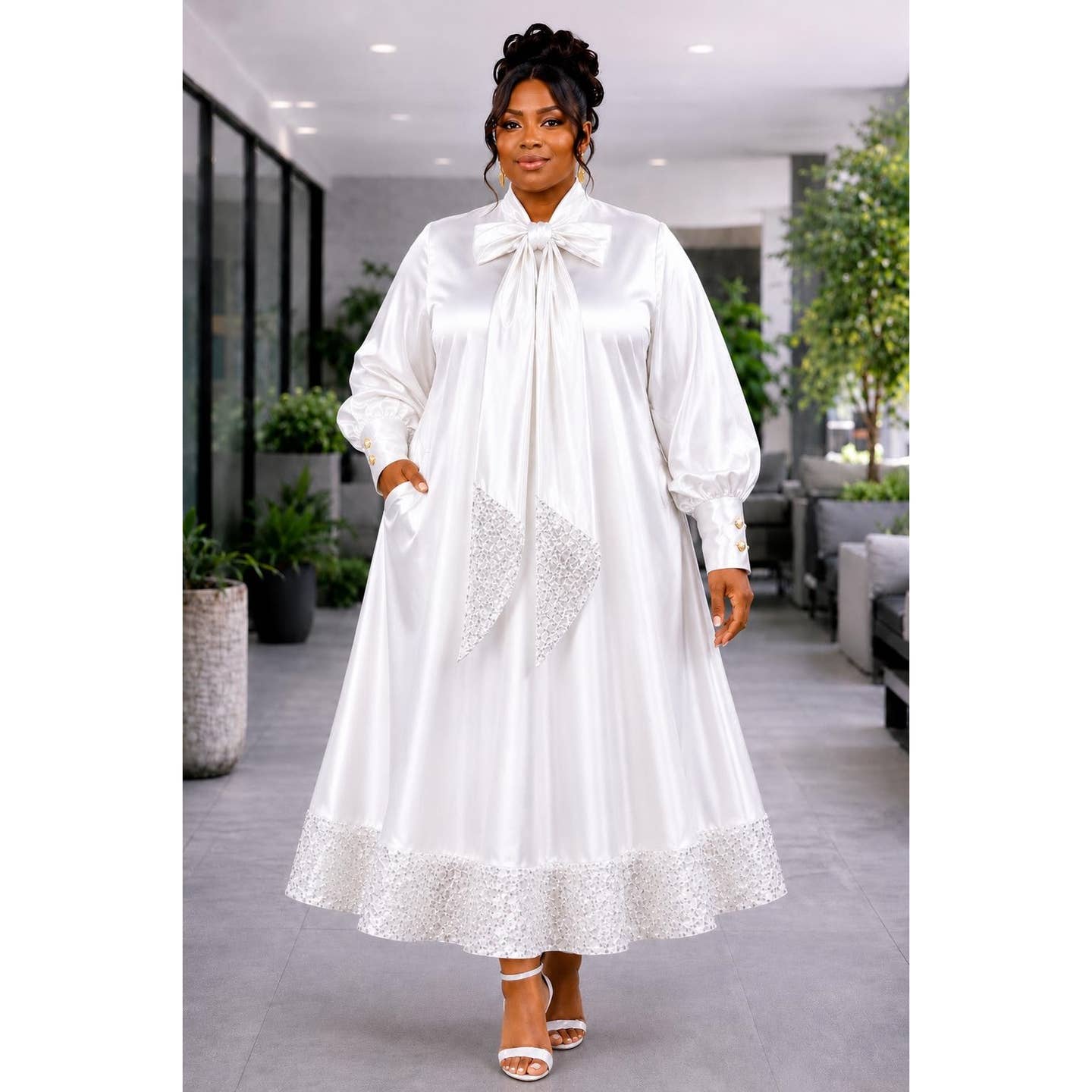 Golden Hour Glamour Satin Stretch Sequin Combo Midi Dress