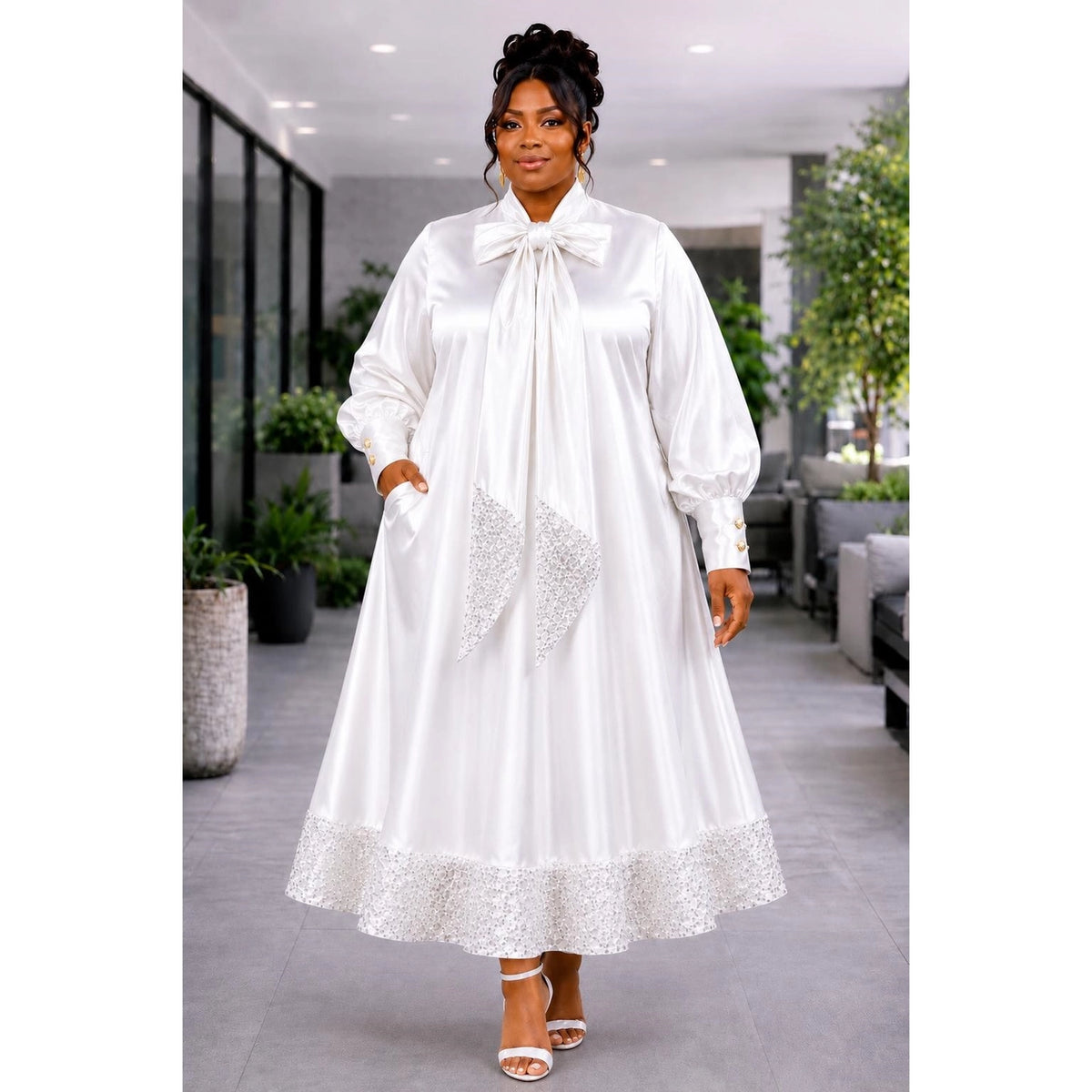 Golden Hour Glamour Satin Stretch Sequin Combo Midi Dress