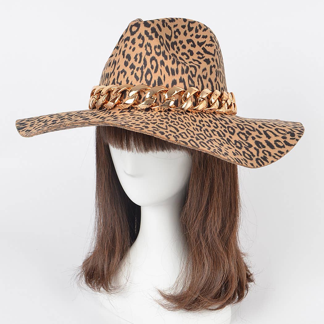Leopard Faux Wool Hat W/oversized Chain