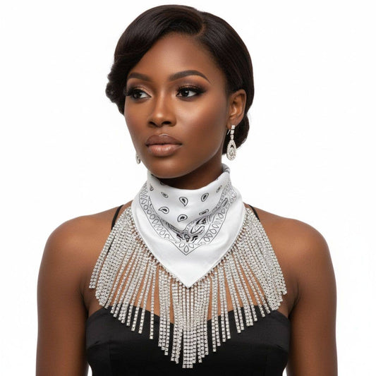 White Bandana Bling Fringe Scarf Necklace
