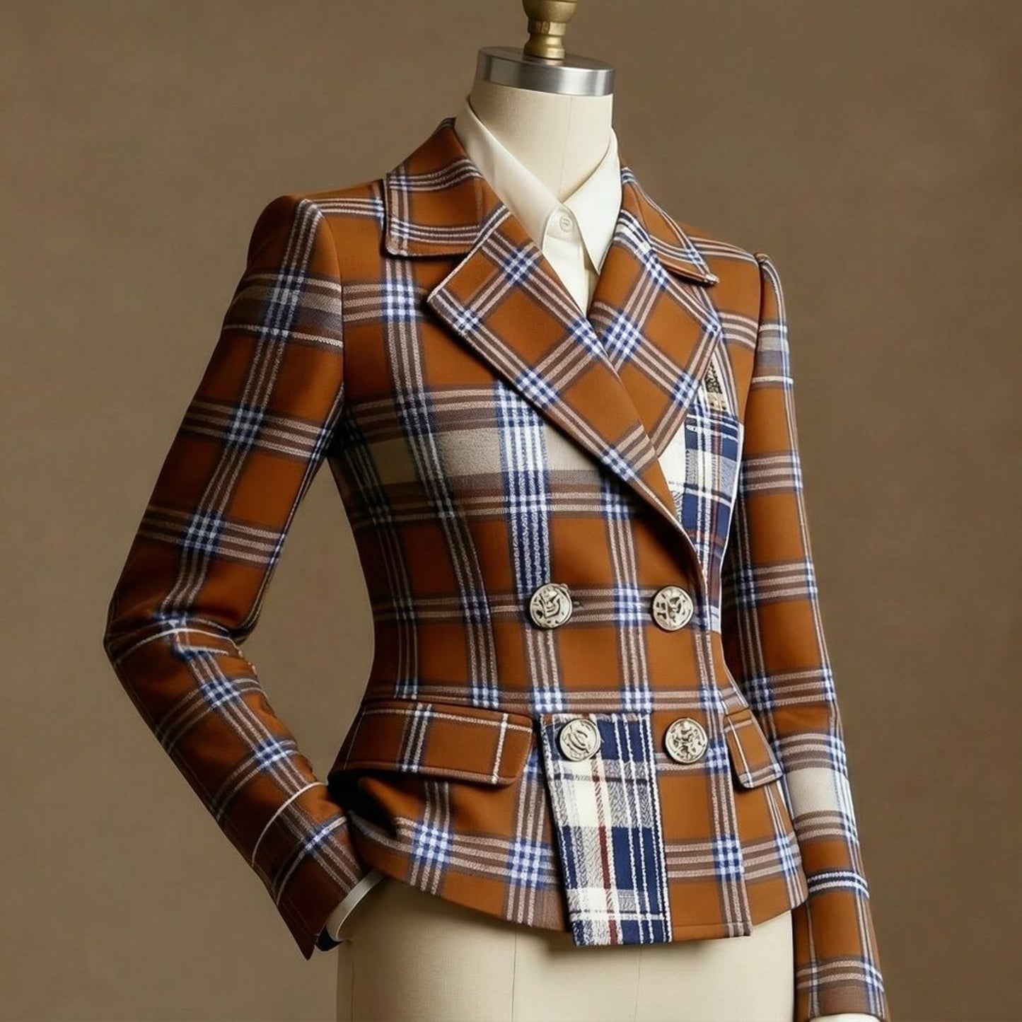 Plus Plaid Double-Breasted Blazer Coat | Lapel, Gold Buttons