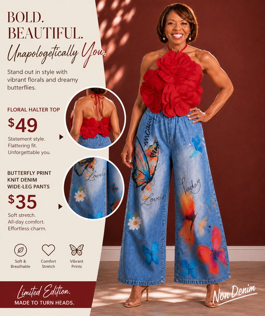 Woman wearing a floral halter top and butterfly print denim wide-leg pants with product details on a brown background.